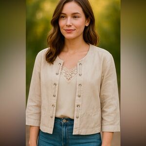 For Cynthia Linen  Blend Jacket Women’s XL Beige Grommet Front 3/4 Sleeve NWT